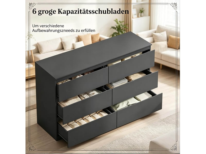  Commode avec 6 tiroirs 120 x 75 x 40 cm – noir – meuble de rangement sans poignées pour salon, chambre et entrée  - Conforama E