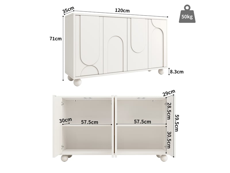  Buffet blanc 4 portes en mdf et métal, 120 x 35 x 71 cm, avec rangement et séparation réglable  - Conforama E