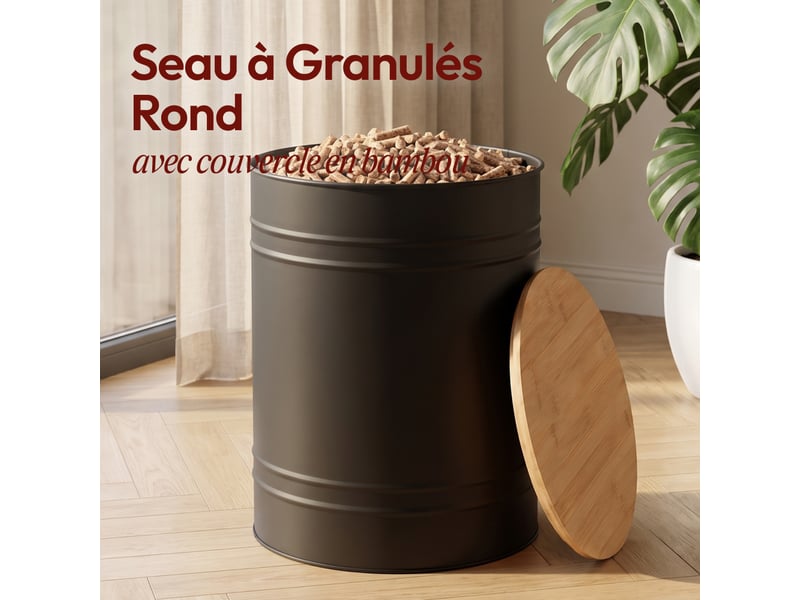 Casabel réservoir pellets &amp; granulés rond, cap. 30kg, métal noir, couvercle bambou, compact &amp; élégant, pour poêle  - Conforama C