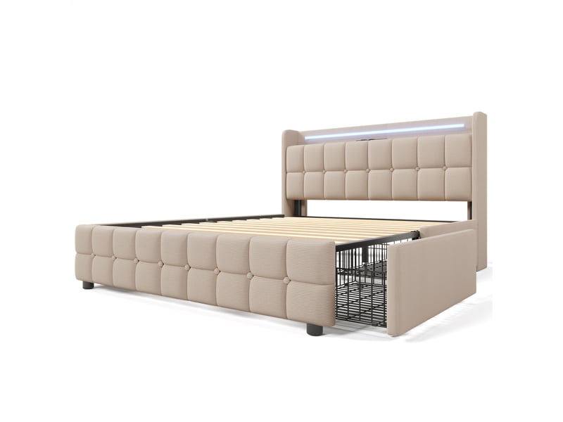  Lit double moderne 180x200 cm avec port usb, led et rangements, 4 tiroirs, sommier à lattes, lin beige, sans matelas  - Conforama C