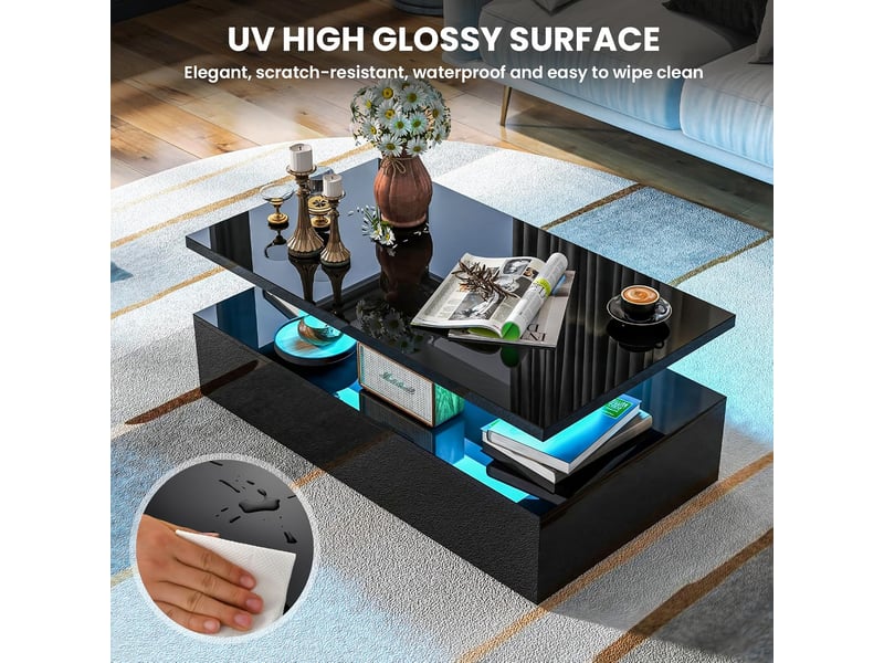  Table basse laquée 110x60x40cm led 20 lumières,8 luminosité avec télécommande,19 modes, nettoyage facile  - Conforama C