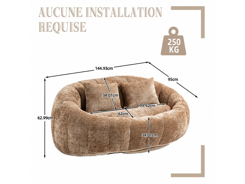 Canapé pouf 2 places lazy - 150 x 95 x 63 cm - avec 2 coussins et mousse à mémoire - chenille marron - Conforama C