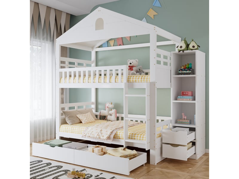  Lit superposé 90 × 200 cm avec 2 tiroirs, rangement latéral ouvert, échelle et barrières pour chambre enfant  - Conforama E