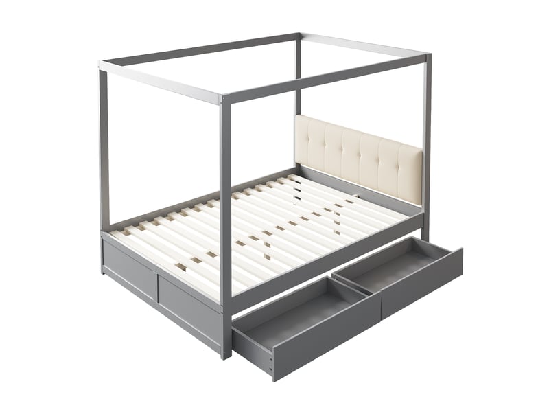 Lit cabane 140x200 gris, lit en bois avec grands tiroirs et dossier rembourré, structure robuste pour chambre d'enfant ou d'adolescent. - Conforama C