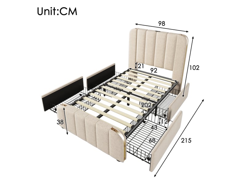  Lit simple 90x200 cm avec 4 tiroirs, usb type-c, tête de lit haute et sommier à lattes, couleur beige, avec matelas  - Conforama C