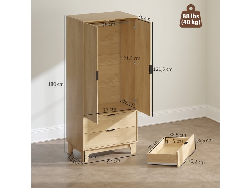  Armoire chambre penderie avec 2 portes à fermeture douce, 2 tiroirs et barre de suspension, 80x50x180cm, bois naturel  - Conforama C