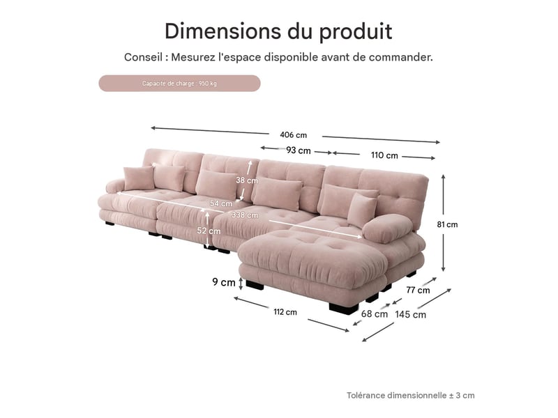 Canapé modulable 4 places en tissu chenille rose W3325S00057 - Conforama C