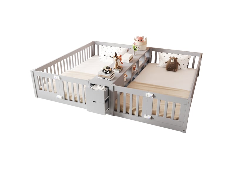  Lit enfant double 90x200 cm avec rangement, garde-corps hauts, bois, gris sans matelas  - Conforama E