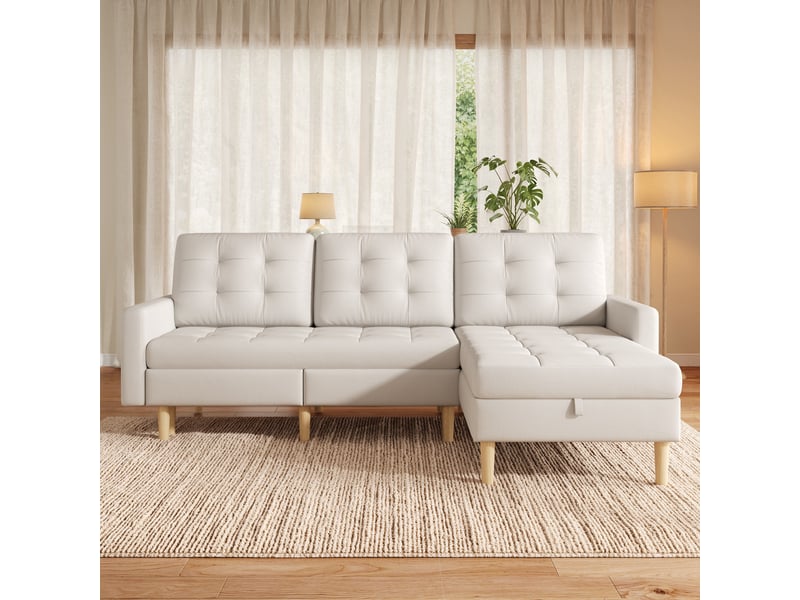 Canapé d'angle beige 3 places, canapé en l avec méridienne réversible et double rangement, 212 x 130 x 86 cm - Conforama E