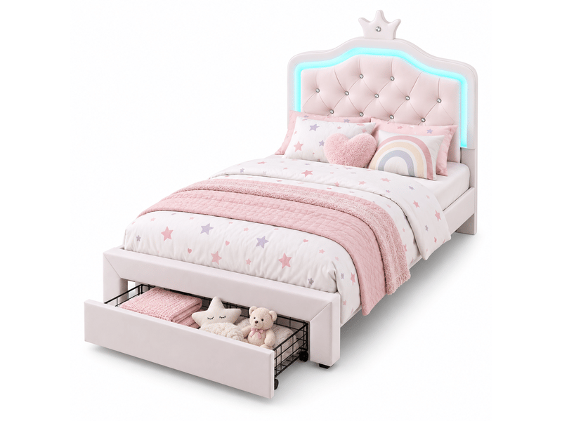 Lit enfant 90 x 200 cm avec tiroirs - cadre de lit avec tête de lit réglable - led - lit simple filles avec sommier - en cuir pu - Conforama A