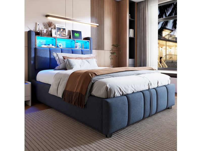  Lit simple 90 × 200 cm coffre hydraulique avec led, rangements en tête de lit et ports usb et usb-c, gris, chambre  - Conforama D