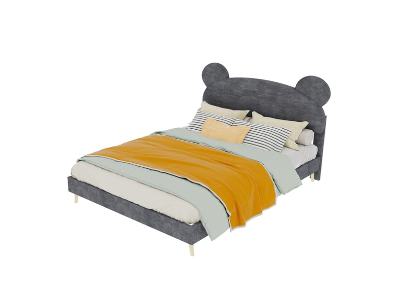  Lit enfant 140x200 cm avec matelas à ressorts ensachés 23 cm, tête de lit oreilles d’ours, tissu et métal gris  - Conforama A