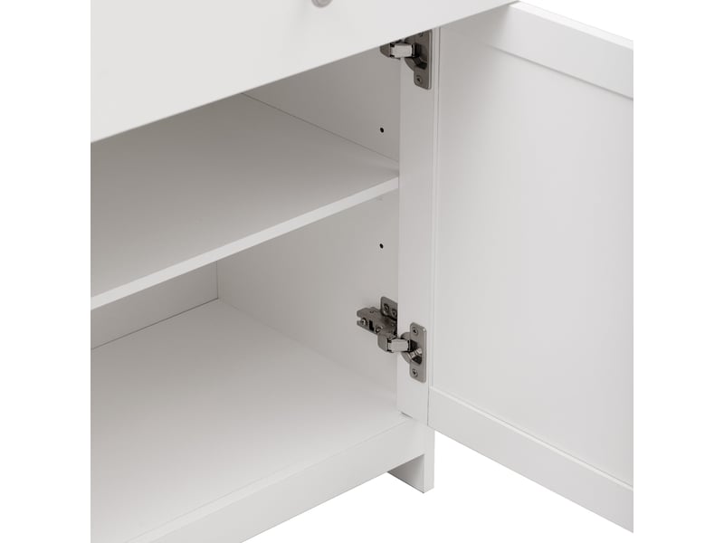  Commode quatre portes et trois tiroirs, 160 x 37 x 75 cm, avec étagères réglables, design de style rustique, finition bois et blanc  - Conforama E