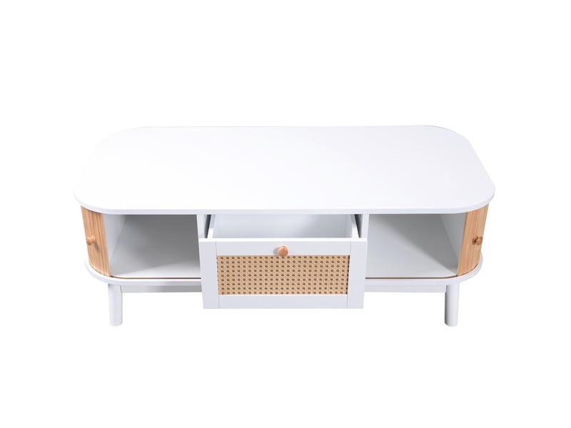  Table basse - table basse en rotin, tiroirs en rotin et portes coulissantes à lattes de bois massif, pieds en bois massif, style champêtre naturel.  - Conforama E