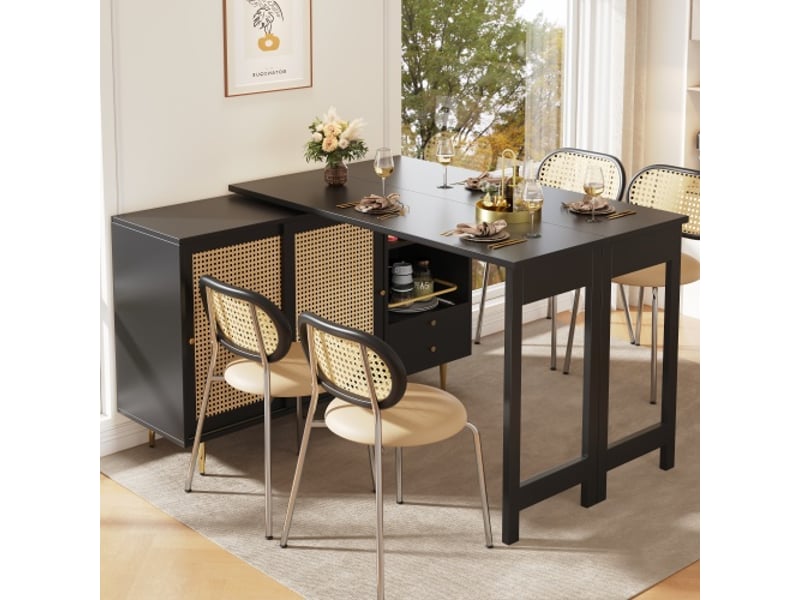  Table haute pivotante 360° extensible noire avec rangement, porte en rotin et étagère ouverte 107 x 40 x 71,4 cm  - Conforama C
