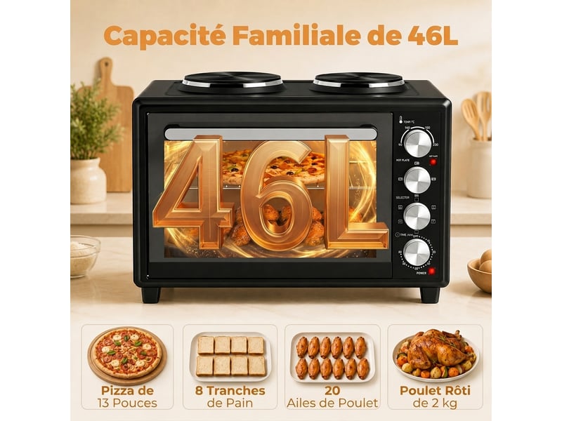  Mini four électrique 46 litres avec 2 plaques, convection et tournebroche, noir  - Conforama D