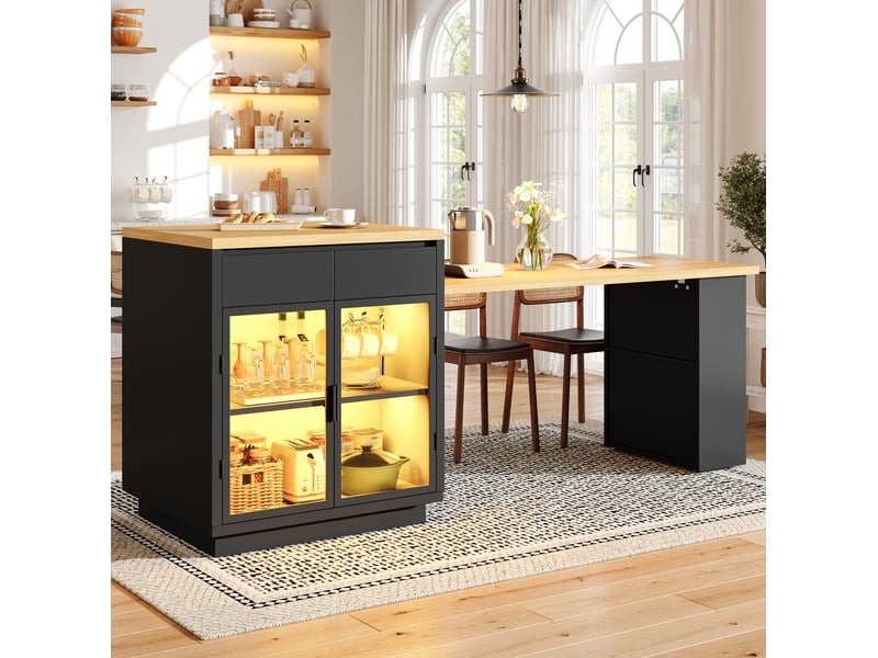  Desserte de cuisine extensible avec 2 tiroirs et 2 portes vitrées, éclairage led, pour cuisine et salle à manger  - Conforama B