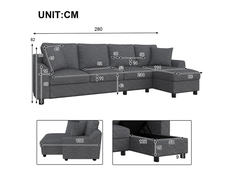  Canapé d'angle en chenille, canapé 3 places gris avec méridienne coffre, dossier rabattable et porte-gobelets pour salon, 280x136x82cm  - Conforama C