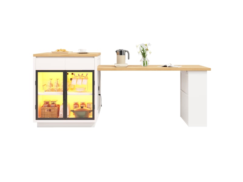  Îlot de cuisine extensible, 194,5 × 70 × 94 cm, 2 portes et 2 tiroirs, mdf, blanc, plateau extensible de 122 à 194,5 cm  - Conforama A