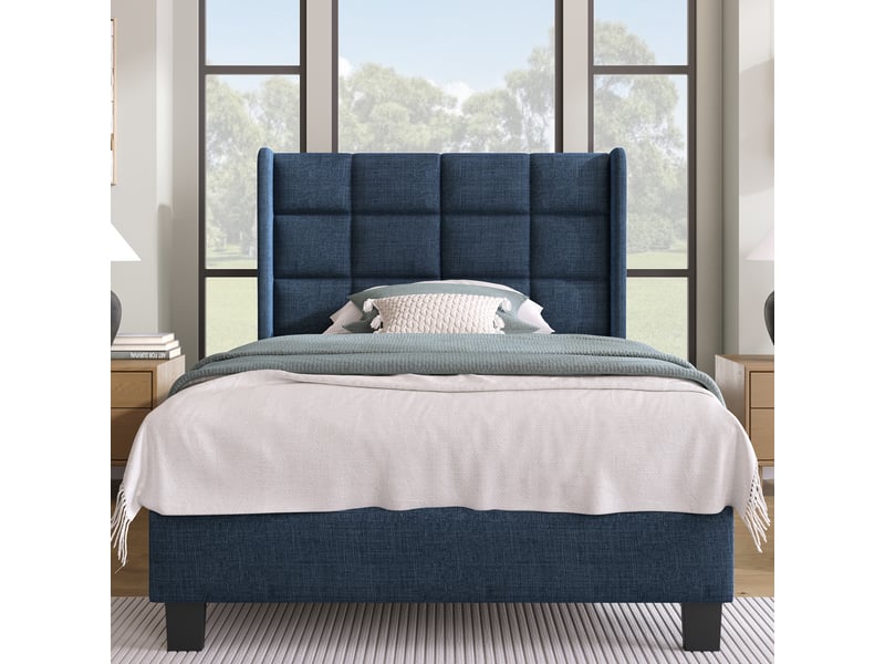  Lit simple 90x200cm, lit adulte, tête de lit et dossier rembourrés en lin bleu, sommier lattes bois (livré sans matelas)  - Conforama D