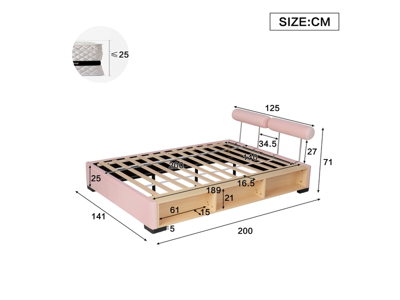  Lit rembourré modenvie 140 x 200 cm rose avec rangement latéral ouvert et éclairage led en velours  - Conforama C