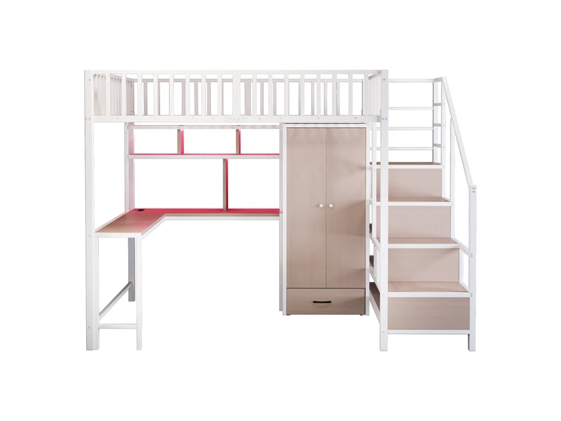  Lit mezzanine métal blanc 140x200 cm, bureau, armoire, rangements, escalier, led et prise  - Conforama A