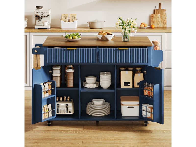 Îlot de cuisine sur roulettes avec plateau pliant extensible, chariot de cuisine avec 2 tiroirs et 2 portes, bleu cloisonné - Conforama D