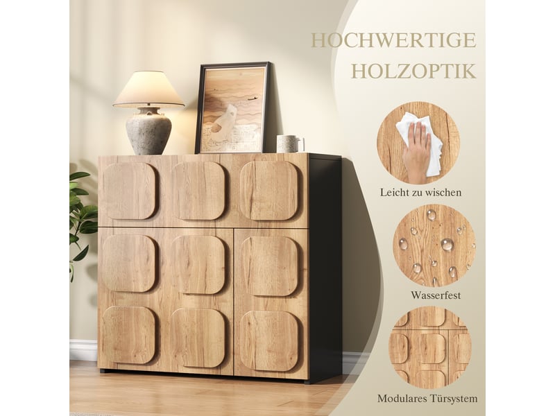  Commode de rangement, avec 4 compartiments, en bois, coloris noir, pour salon, salle à manger et couloir, style vintage, pour intérieur  - Conforama E