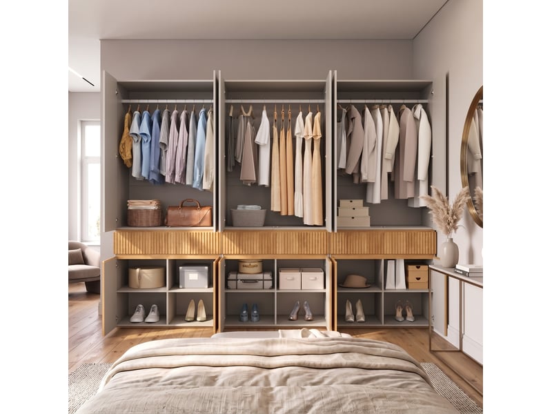  Armoire à portes battantes modenvie 270 x 50 x 200 cm, 12 portes, 3 tringles et 3 tiroirs, décor chêne clair et gris  - Conforama D