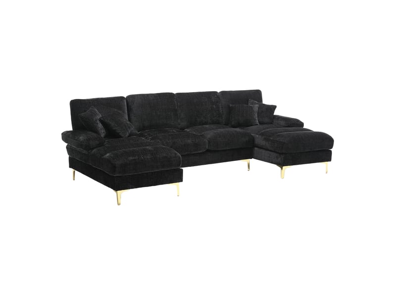 Canapé panoramique en u 4 places avec deux méridiennes et pieds en métal doré, en tissu noir, 272 × 136 × 88 cm - Conforama A