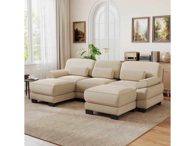 Canapé modulable,265x161x94 cm,3 places avec 2 poufs,velours côtelé,beige - Conforama B