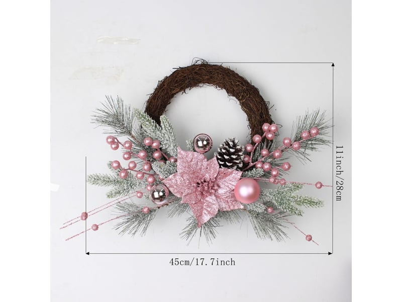  Couronne de noël rose 45 cm avec fleurs de poinsettia et boules, décoration porte mur fenêtre cheminée  - Conforama C