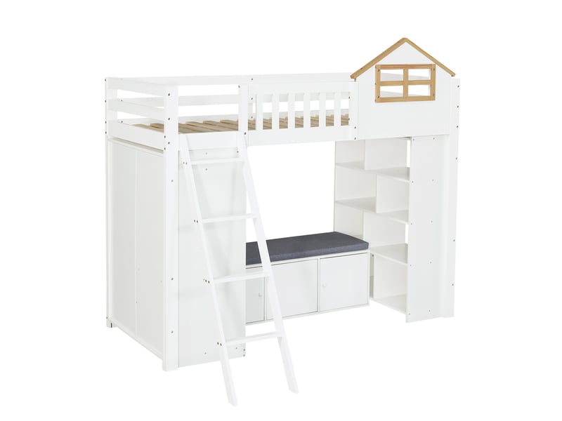  Lit mezzanine enfant 90 x 200 cm blanc et naturel, en bois, avec rangement et banquette intégrés pratiques  - Conforama D