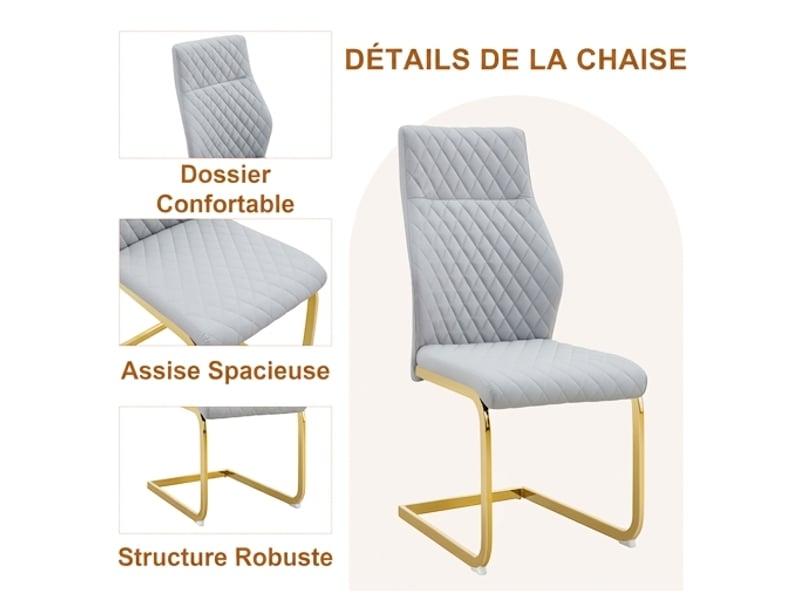  Ensemble table ronde ø85 cm et 4 chaises modernes, verre et assises gris clair, pieds dorés  - Conforama D