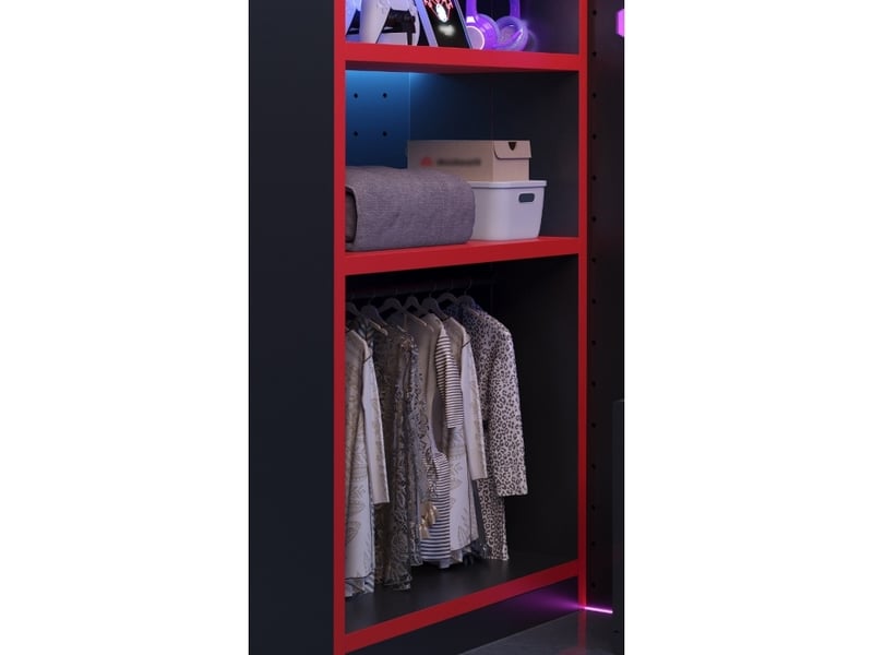  Lit mezzanine multifonction, 90 x 200 cm, avec bureau, étagère à plusieurs niveaux, portant à vêtements et prise électrique, noir et rouge  - Conforama E