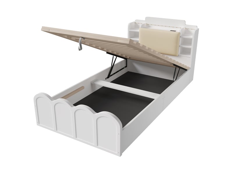Lit enfant coffre 90x200 cm hydraulique en pin blanc avec led, usb et usb-c - Conforama E
