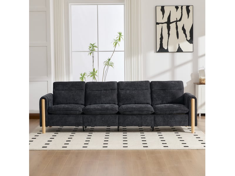Canapé modulable 4 places modenvie avec deux poufs coffres, forme en u, tissu chenille noir - Conforama E