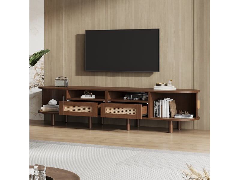  Meuble tv ovale 170 x 40 x 40 cm noyer foncé avec 2 tiroirs et 2 portes coulissantes  - Conforama D