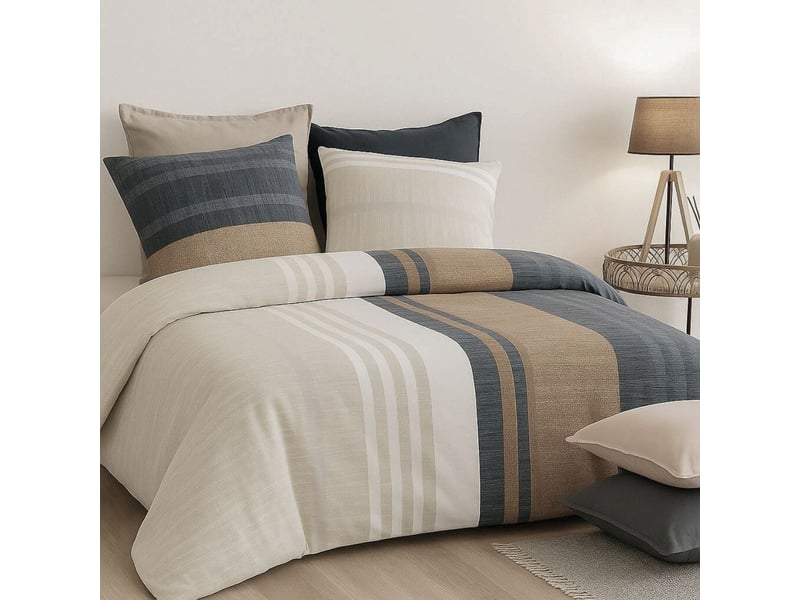  Parure housse de couette 260x240cm + 2 taies motif rayé bleu et beige 100% coton - orman ORMAN - Conforama C