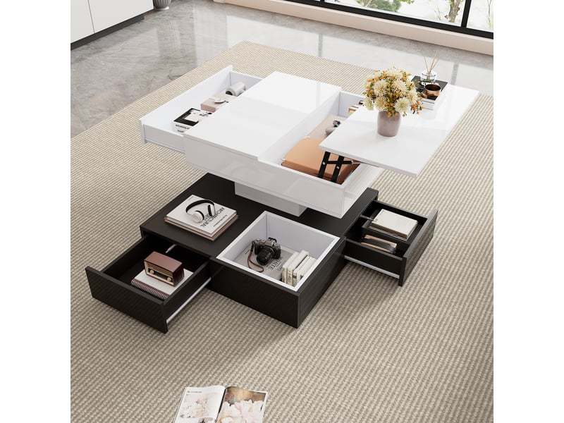  Table basse carrée 70x70 avec plateau relevable, table de salon noir et blanc, rangement caché  - Conforama D