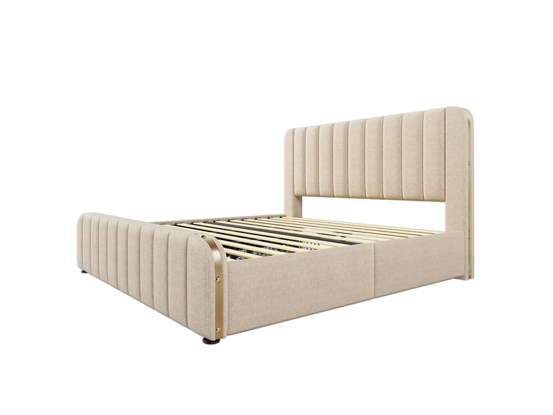 Lit adulte 180x200 en lin beige avec tãªte de lit usb-c et rangements