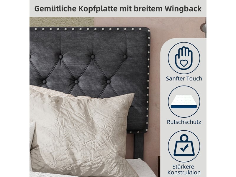 Lit adulte 140 x 200 cm, lit double, avec tête de lit moelleuse et sommier, velours gris, sans matelas - Conforama R