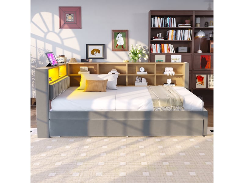  Lit banquette 90 x 200 cm avec lit gigogne 90 x 190 cm, canapé-lit multifonction, led, prises et rangements, gris foncé evarich - Conforama E