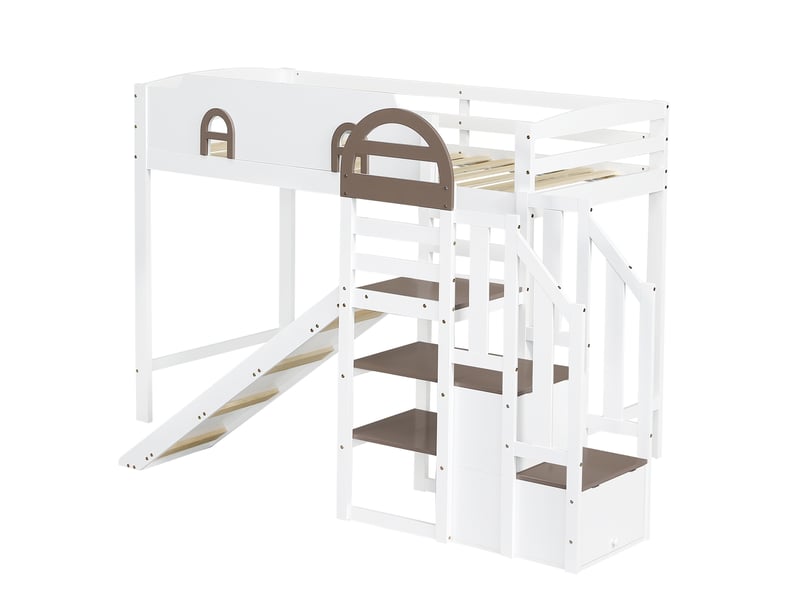  Lit mezzanine 90x200cm avec tiroirs, étagères de rangement, toboggan et sommier, lit 1 place, pin+mdf, blanc+marron  - Conforama W