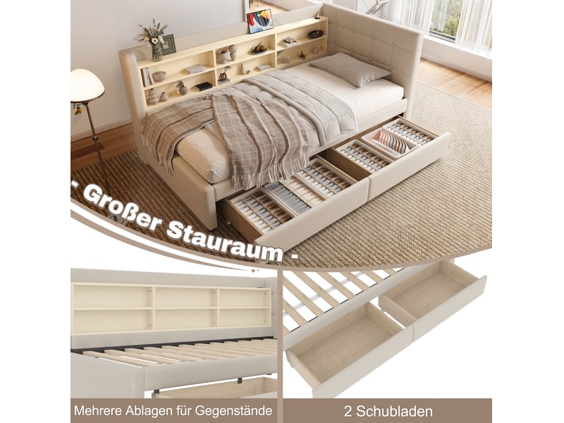 Lit enfant 90x200 cm, avec lit simple, 2 tiroirs, ports usb-c, étagères tête de lit, lin et mdf, beige, sans matelas  - Conforama D