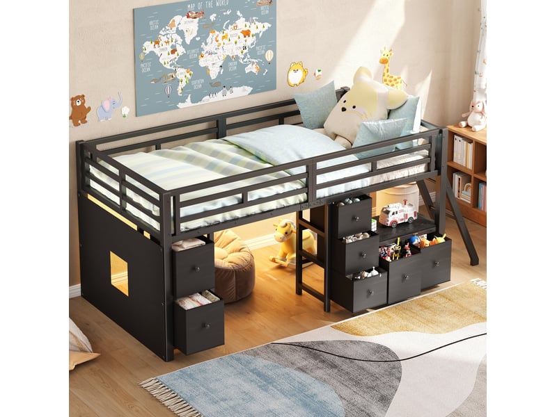  Lit surélevé 90x200 cm avec 7 tiroirs et éclairage led mdf métal noir sans matelas  - Conforama C