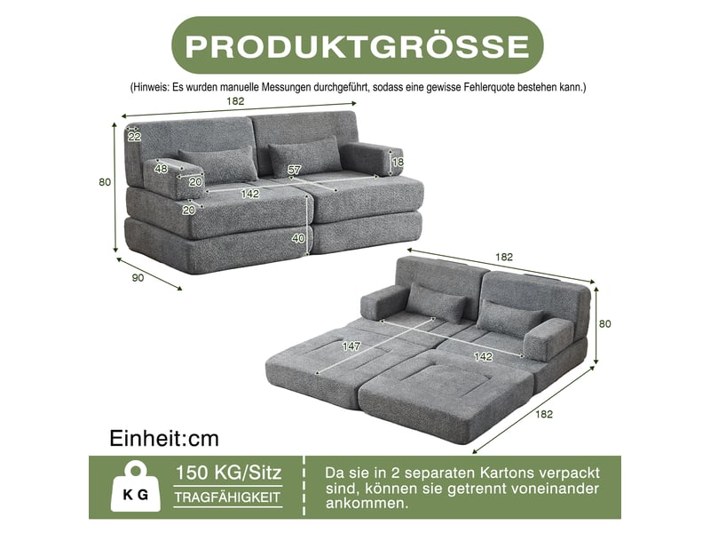  Canapé convertible 2-en-1 2 places 182 x 90 x 80 cm avec couchage pliant, dossier réglable et structure en fer, chenille, gris OMNIGLINT TRADING LTD - Conforama D