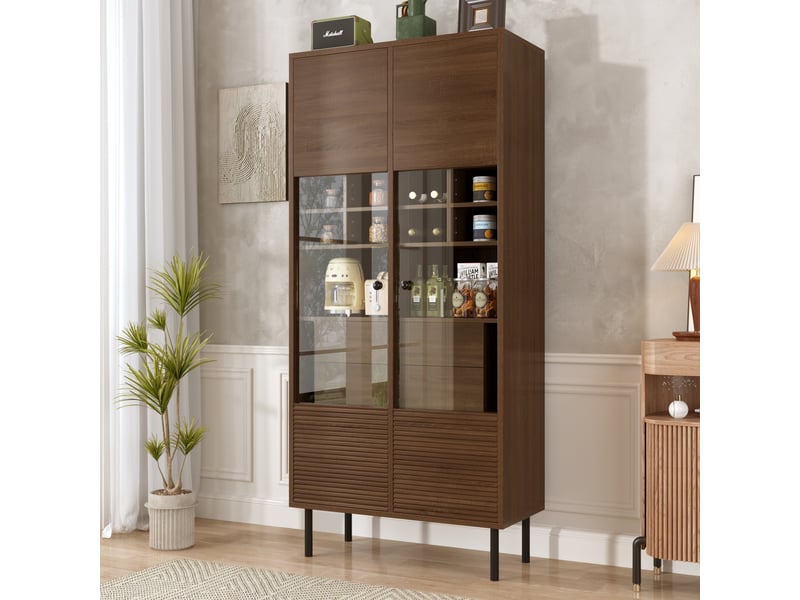  Vitrine - 75.5 x 35 x 164.5 cm - armoire de salon buffet vaisselier design bois de noyer avec vitre et tiroirs - marron  - Conforama C