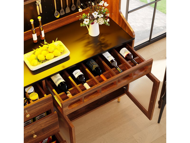  Armoires hautes 145×39×171cm pour le salon, tiroir avec casier à bouteilles, buffet salle a manger avec éclairage led, couleur noyer  - Conforama D
