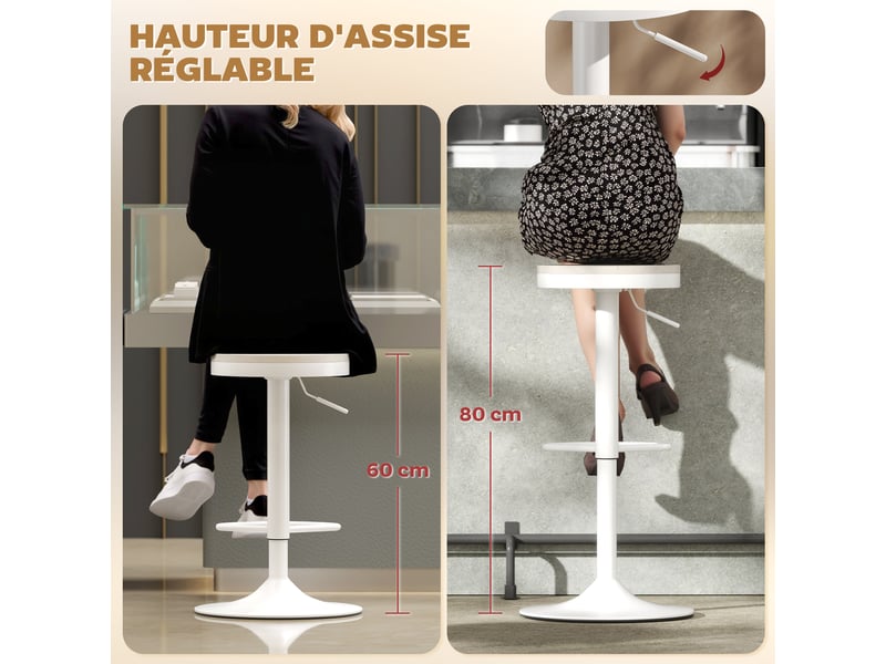  Lot de 2 tabourets de bar, chaises de bar pivotantes avec assise en hévéa, hauteur réglable et repose-pieds, blanc  - Conforama D